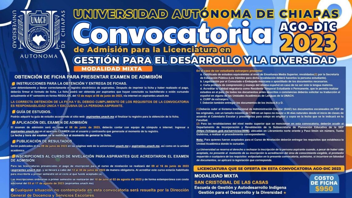 Abierta convocatoria para el examen de admisión de la Licenciatura en Gestión para el Desarrollo y la Diversidad que imparte la UNACH