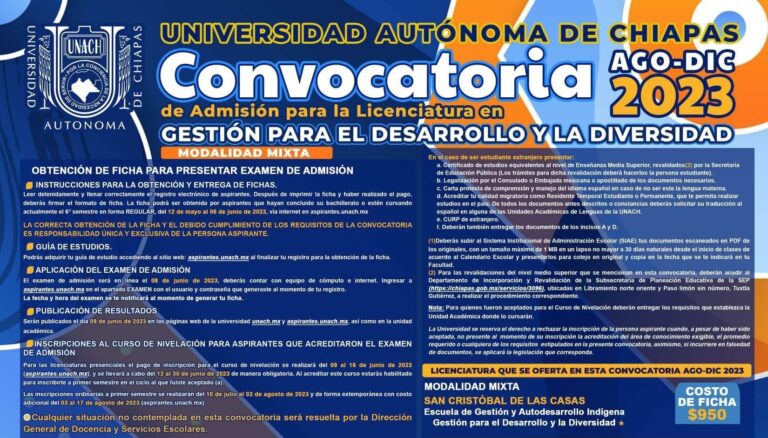 Abierta convocatoria para el examen de admisión de la Licenciatura en Gestión para el Desarrollo y la Diversidad que imparte la UNACH