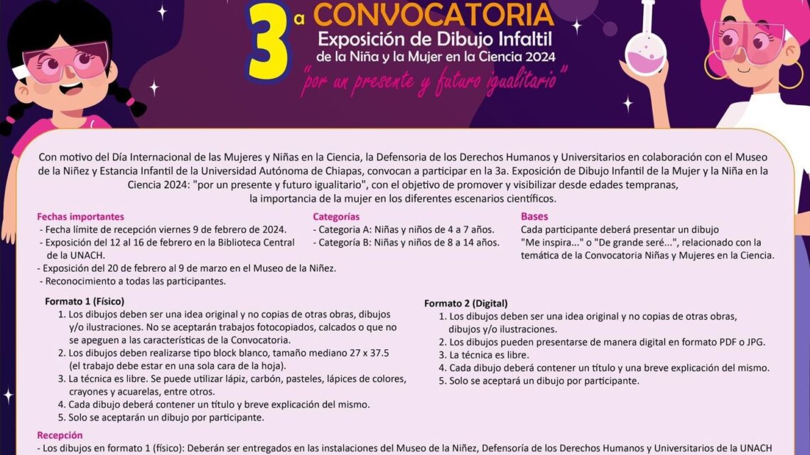 Convoca UNACH a participar en la 3ª Exposición de Dibujo Infantil de la Niña y la Mujer en la Ciencia 2024