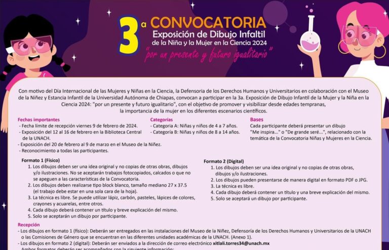 Convoca UNACH a participar en la 3ª Exposición de Dibujo Infantil de la Niña y la Mujer en la Ciencia 2024