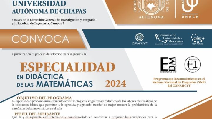 Continúa abierta la convocatoria de la Especialidad en Didáctica de las Matemáticas que imparte la UNACH