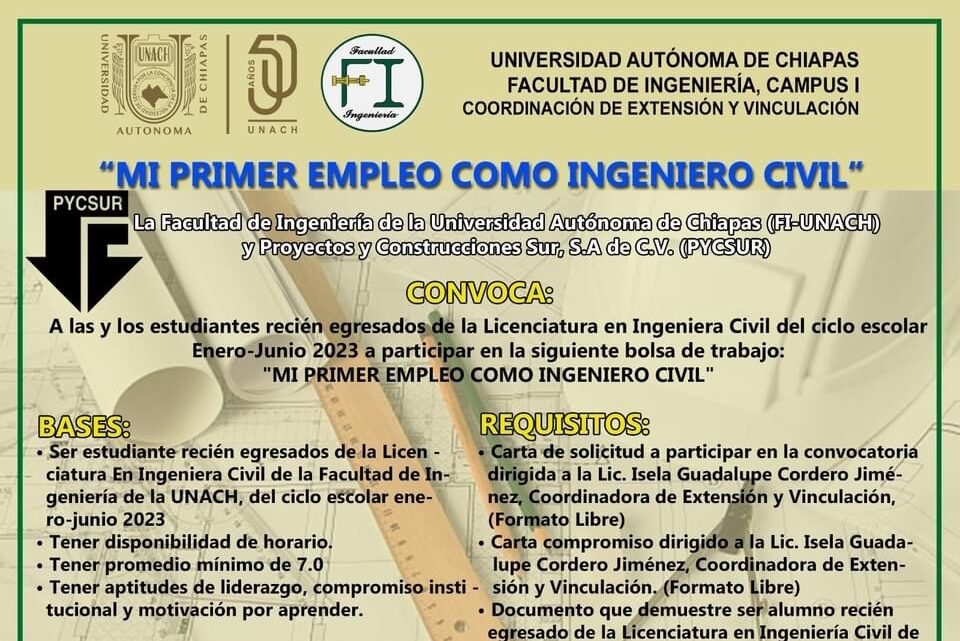 Invita UNACH a participar en la bolsa de trabajo “Mi primer empleo como ingeniero civil”