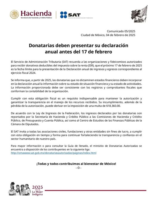 El SAT recuerda a las Donatarias Autorizadas que el 17 de febrero es la fecha límite para presentar la Declaración anual de ingresos y egresos correspondiente al ejercicio fiscal 2024