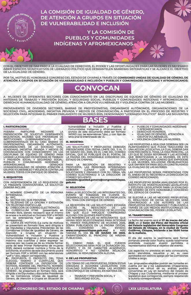 Congreso de Chiapas convoca al Primer Parlamento de Mujeres 2025