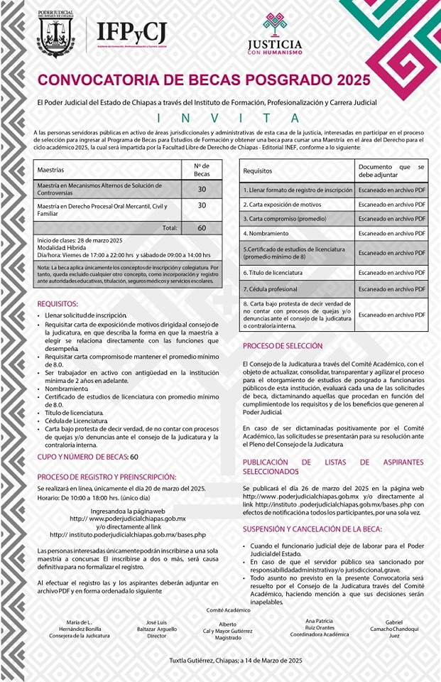 Poder Judicial de Chiapas abre convocatoria de becas para Maestría en Derecho 2025