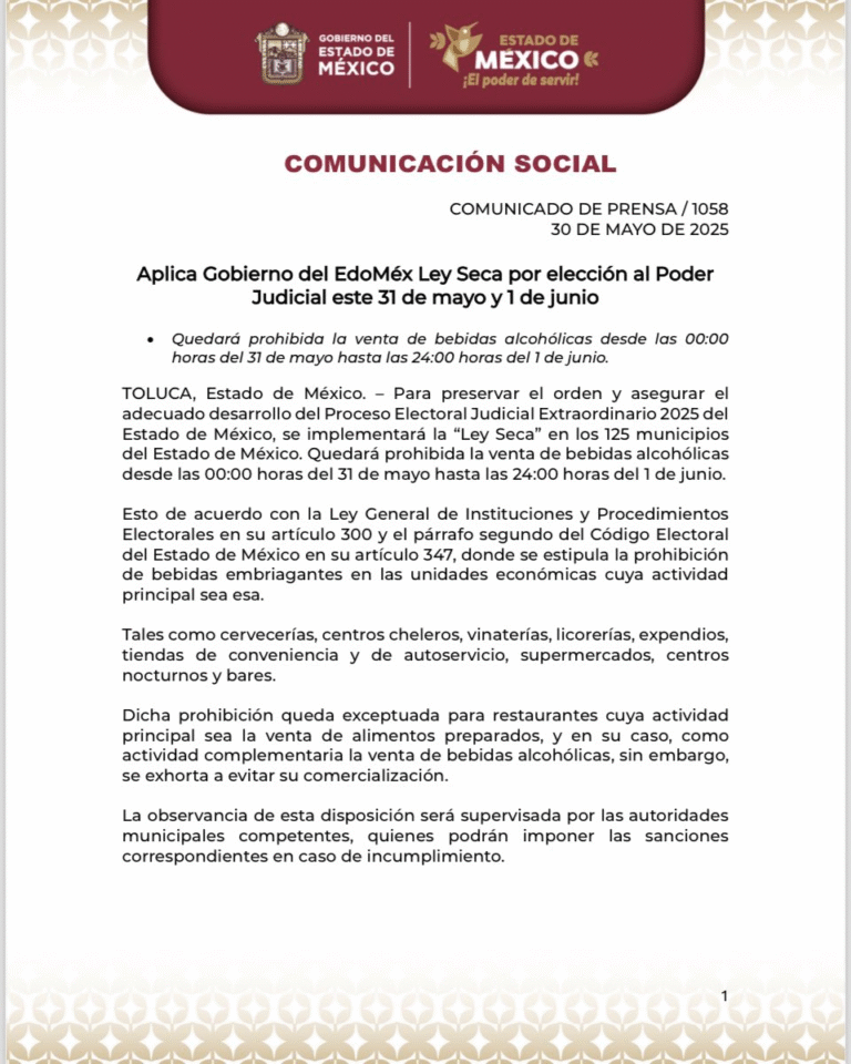Declara Edomex Ley Seca durante elecciones judiciales del 31 de mayo y 1 de junio