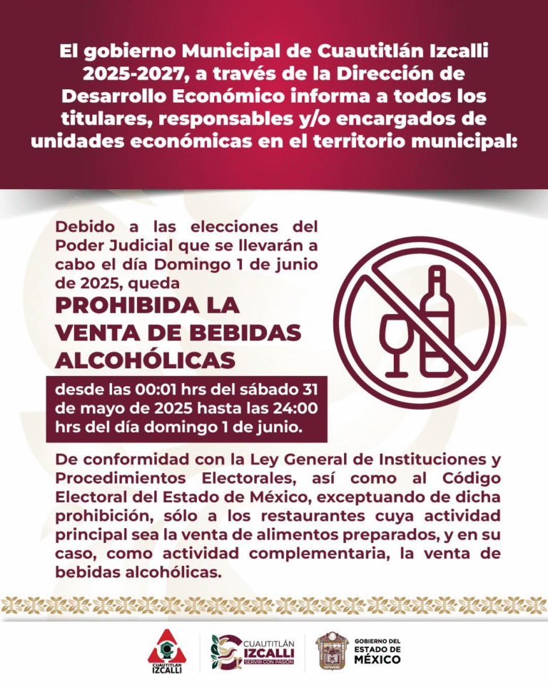 Cuautitlán Izcalli aplicará Ley Seca por elecciones del 1 de junio