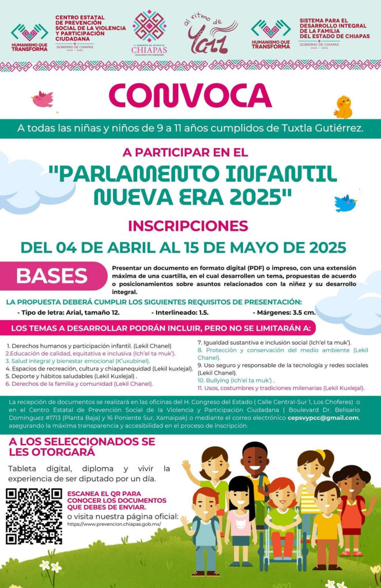 Invitan a niñas y niños de Tuxtla al Parlamento Infantil 2025
