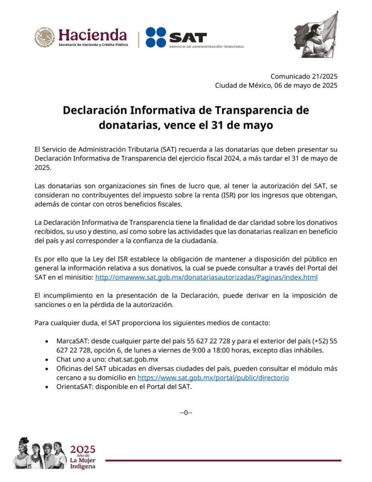 SAT recuerda a Donatarias Autorizadas presentar Declaración de Transparencia antes del 31 de mayo