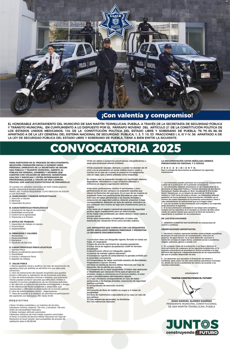 Convoca San Martín Texmelucan a hombres y mujeres para formar parte de su cuerpo policial