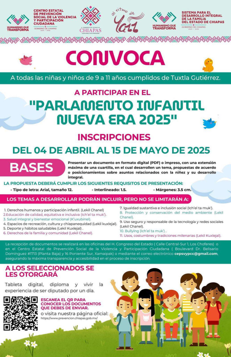 Invitan al Parlamento Infantil 2025 en Chiapas: inscripciones abiertas hasta el 15 de mayo