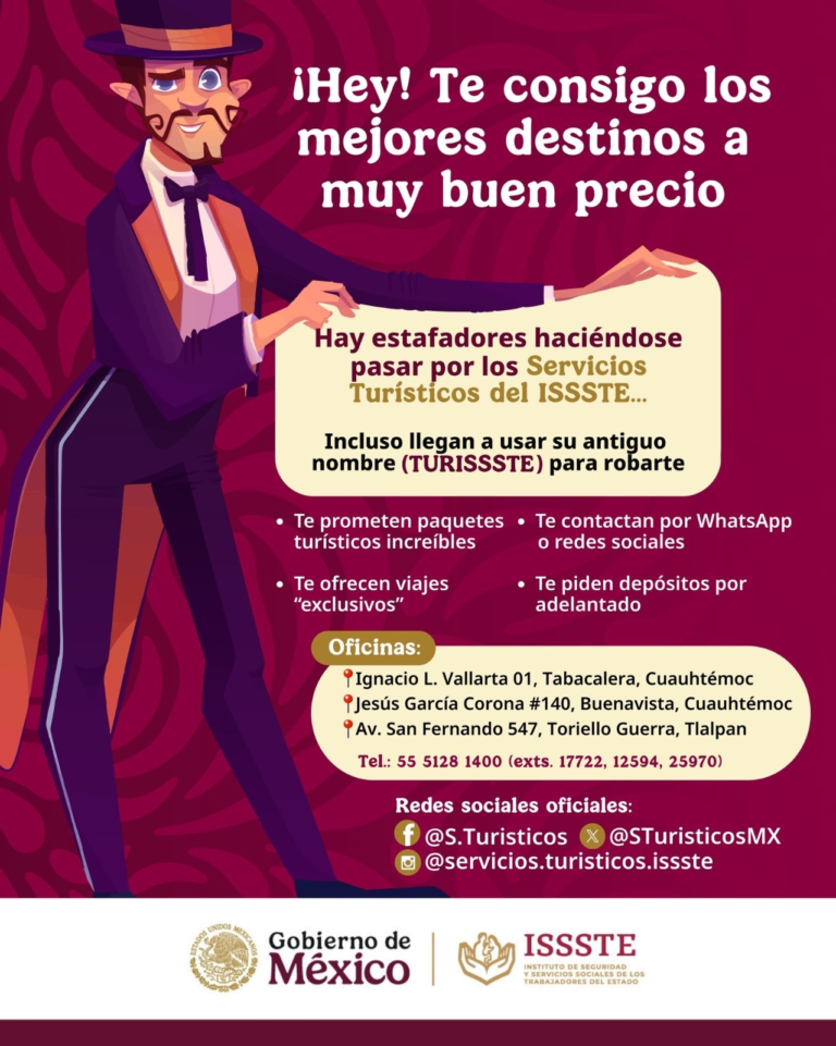 ISSSTE alerta sobre fraudes con supuestos paquetes turísticos en redes sociales y mensajería instantánea