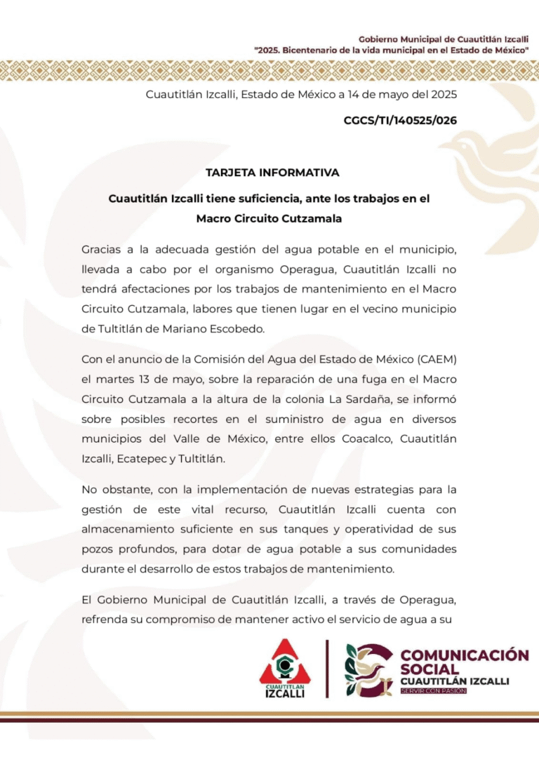 Cuautitlán Izcalli garantiza abasto de agua pese a mantenimiento en el Macro Circuito Cutzamala