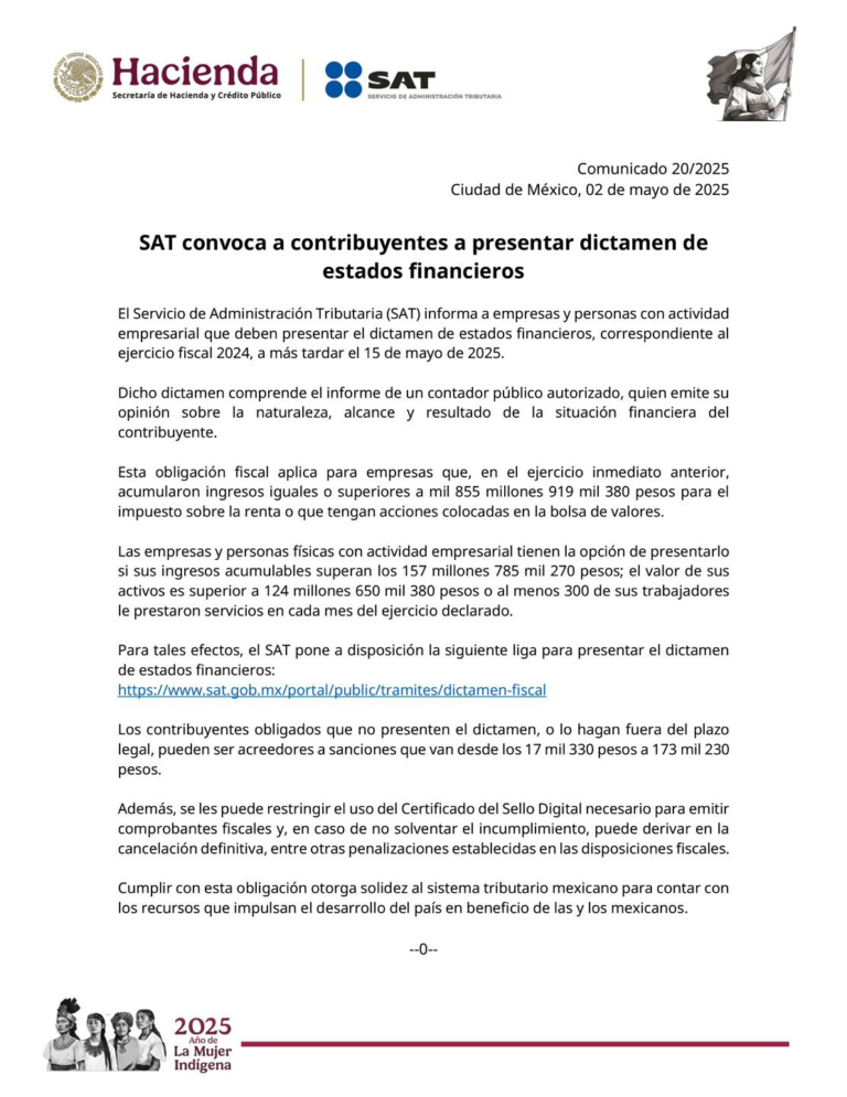 SAT recuerda a contribuyentes presentar dictamen fiscal 2024 antes del 15 de mayo