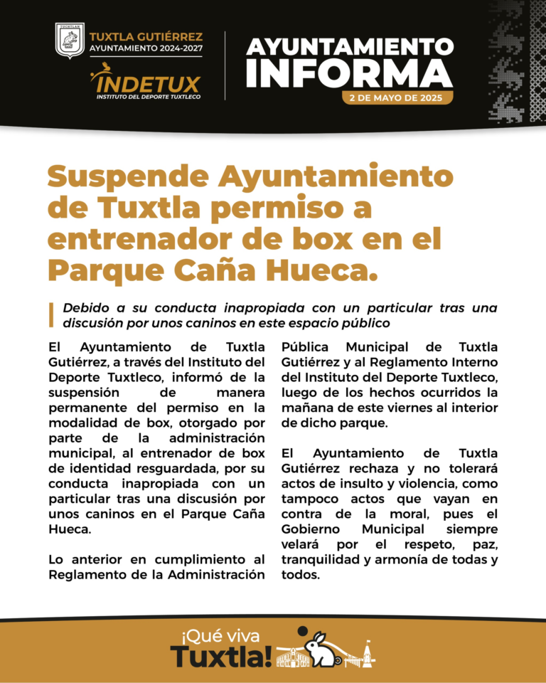 Ayuntamiento de Tuxtla retira permiso a entrenador de box por conducta inapropiada en Caña Hueca