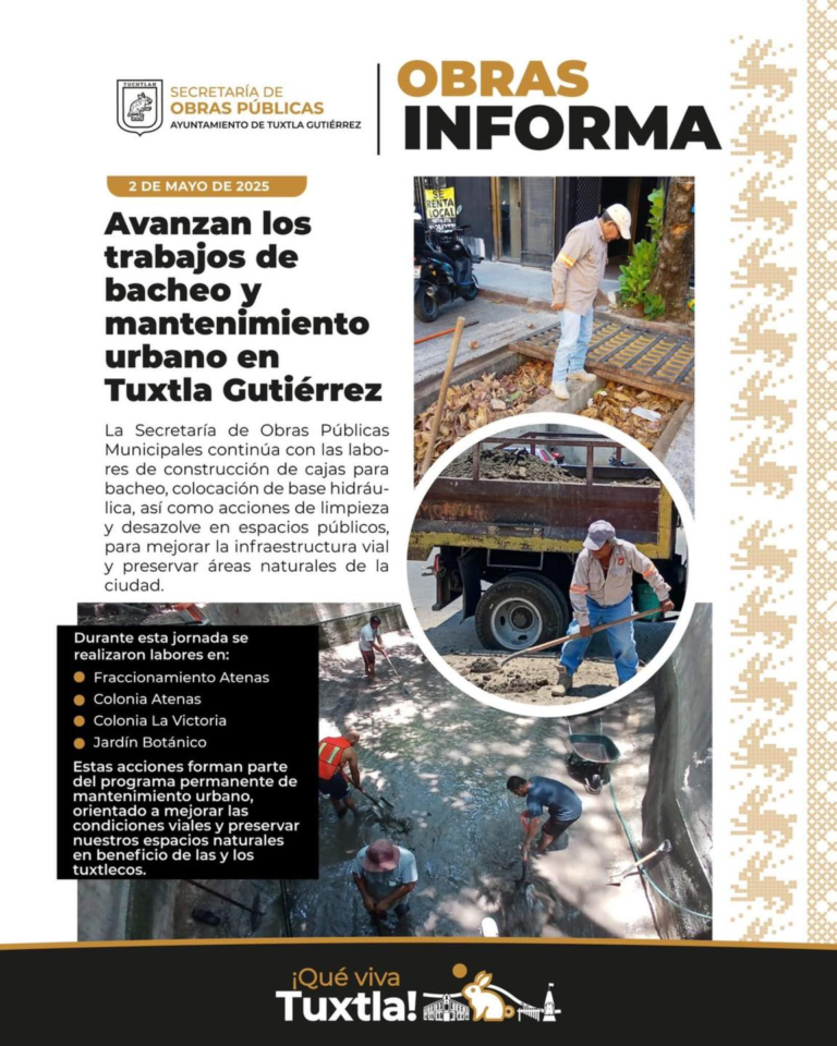 Continúan en Tuxtla trabajos de bacheo y mantenimiento urbano para mejorar vialidades