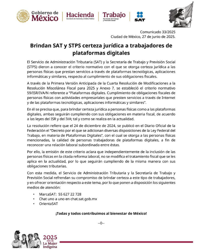 SAT y Secretaría del Trabajo emiten criterio normativo para prestadores de servicios en plataformas tecnológicas