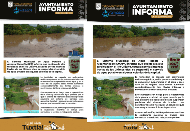 SMAPA suspende servicio de agua potable en colonias de Tuxtla por alta turbiedad del Río Grijalva