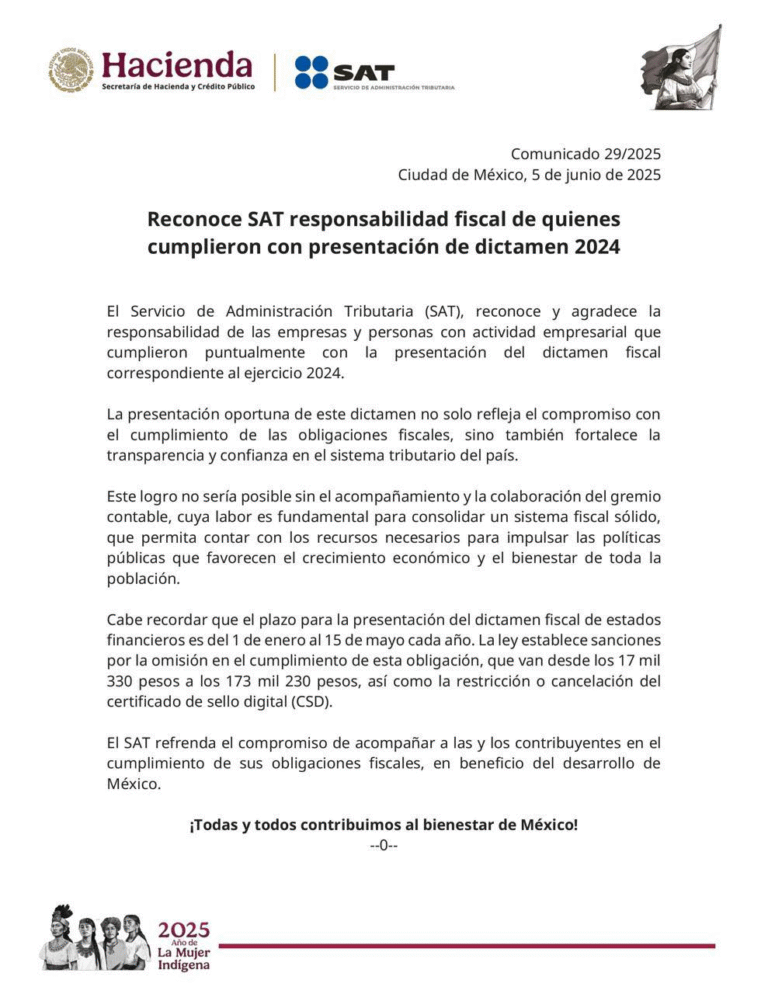 SAT reconoce cumplimiento puntual del dictamen fiscal 2024 y fortalece confianza en el sistema tributario