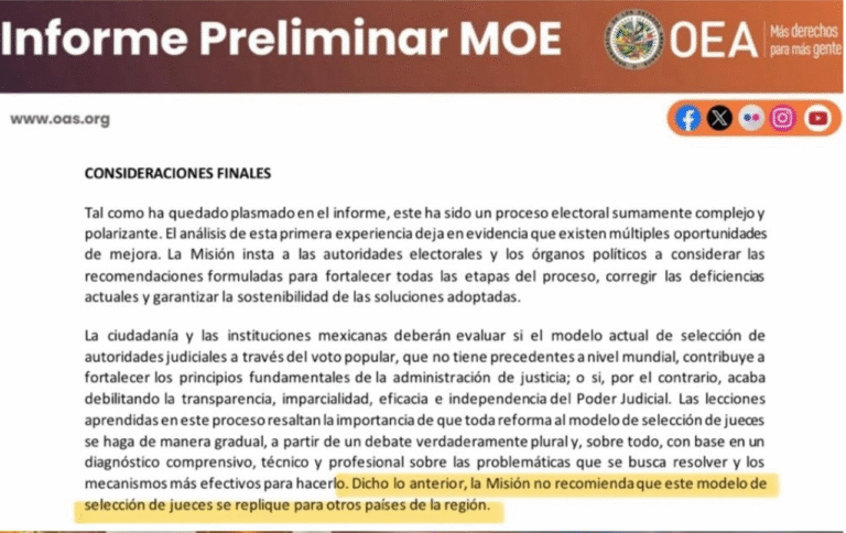 México rechaza ante la OEA recomendaciones del informe preliminar sobre elecciones al Poder Judicial