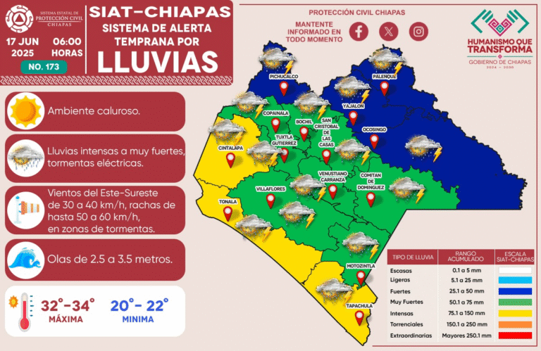 Alerta en Chiapas por intensas lluvias provocadas por la Depresión Tropical Cinco-E