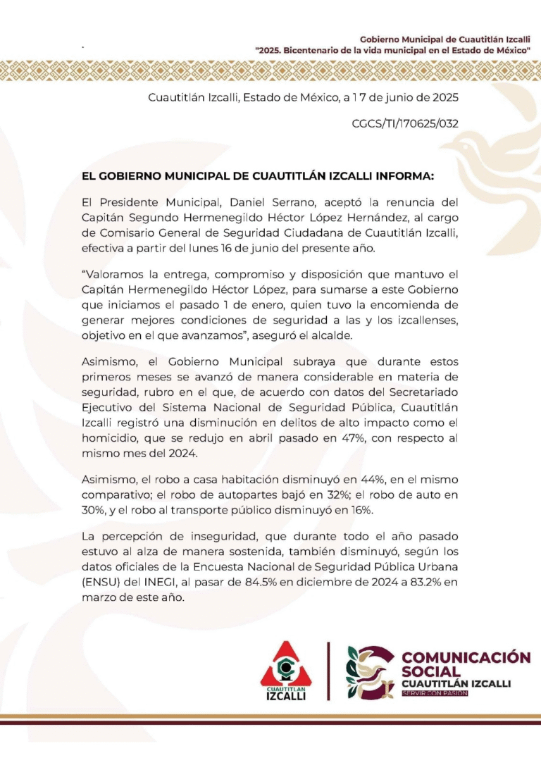 Renuncia comisario de seguridad en Cuautitlán Izcalli; reportan reducción en delitos de alto impacto