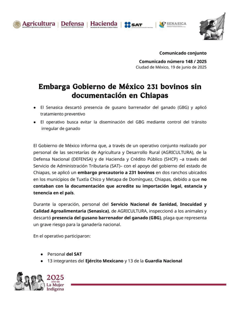 SAT embarga precautoriamente 231 bovinos sin documentación legal en operativo conjunto