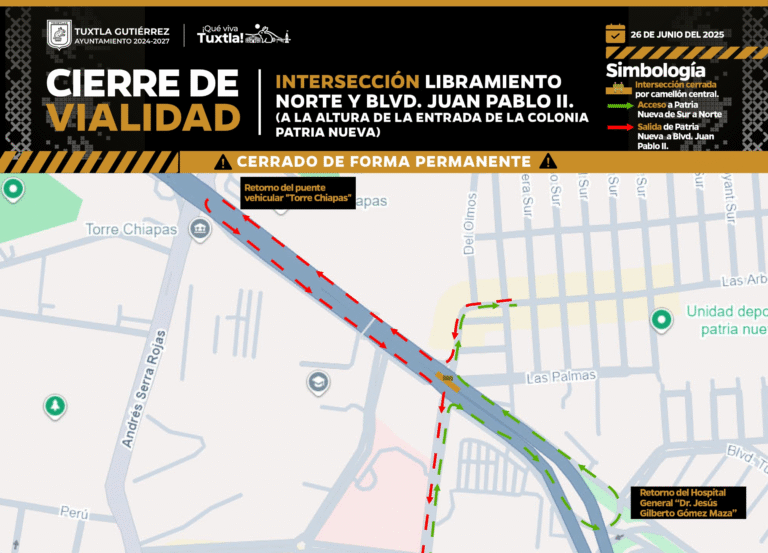 Cierran crucero Patria Nueva para construir puente peatonal en Tuxtla Gutiérrez