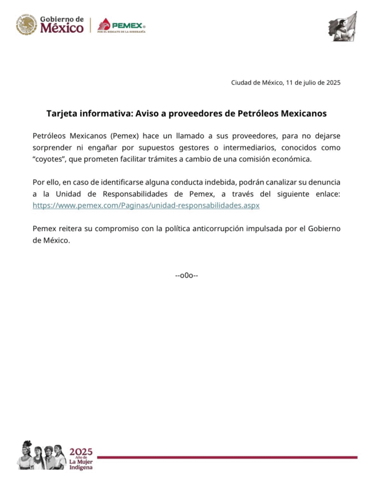 Pemex alerta a proveedores sobre falsos gestores y ratifica política anticorrupción