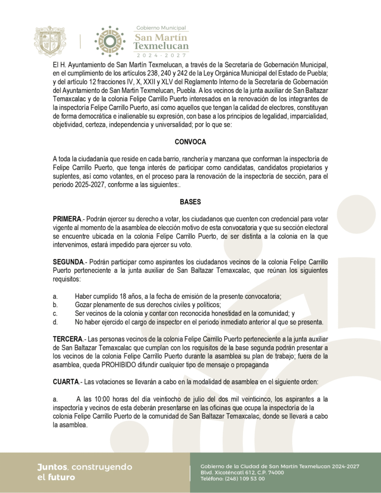 Convoca San Martín Texmelucan a elección para renovación de inspectoría en Felipe Carrillo Puerto