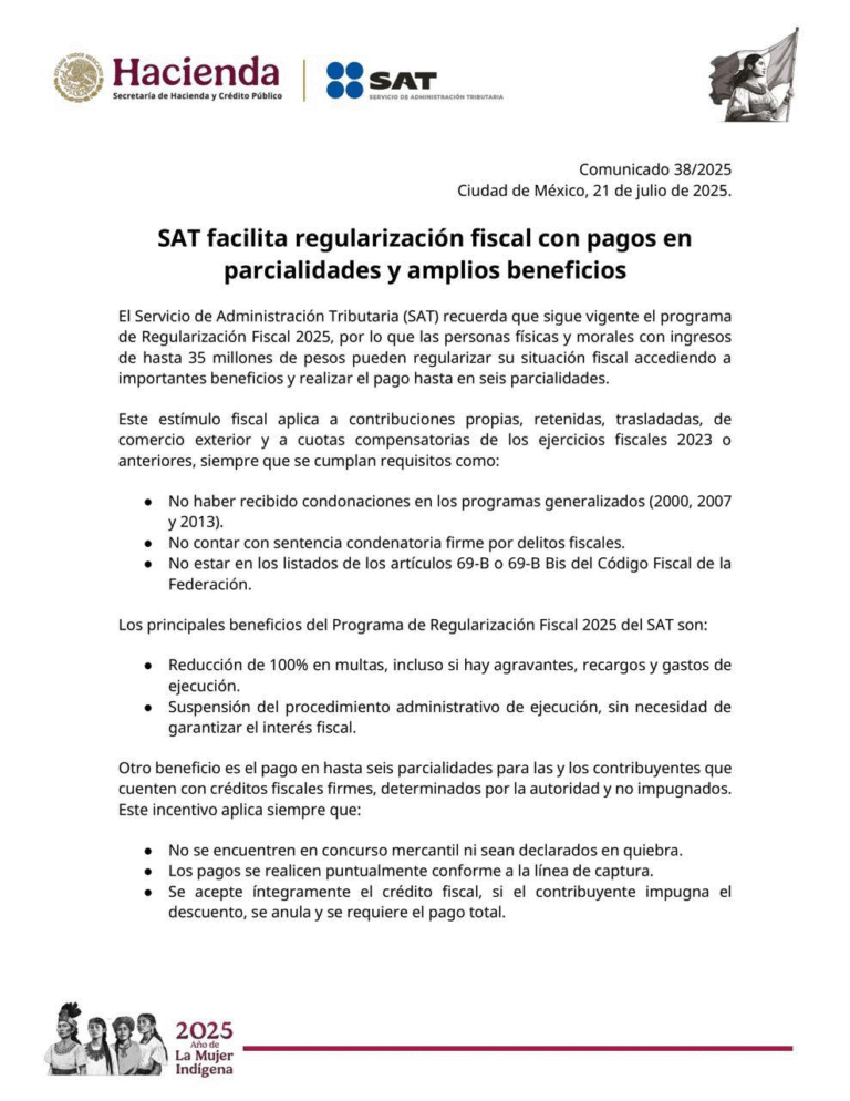 SAT mantiene vigente el programa de Regularización Fiscal 2025 con beneficios para contribuyentes