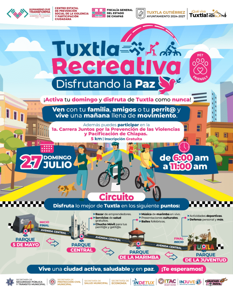 Asiste a “Tuxtla Recreativa, Disfrutando la Paz” este domingo 27 de julio
