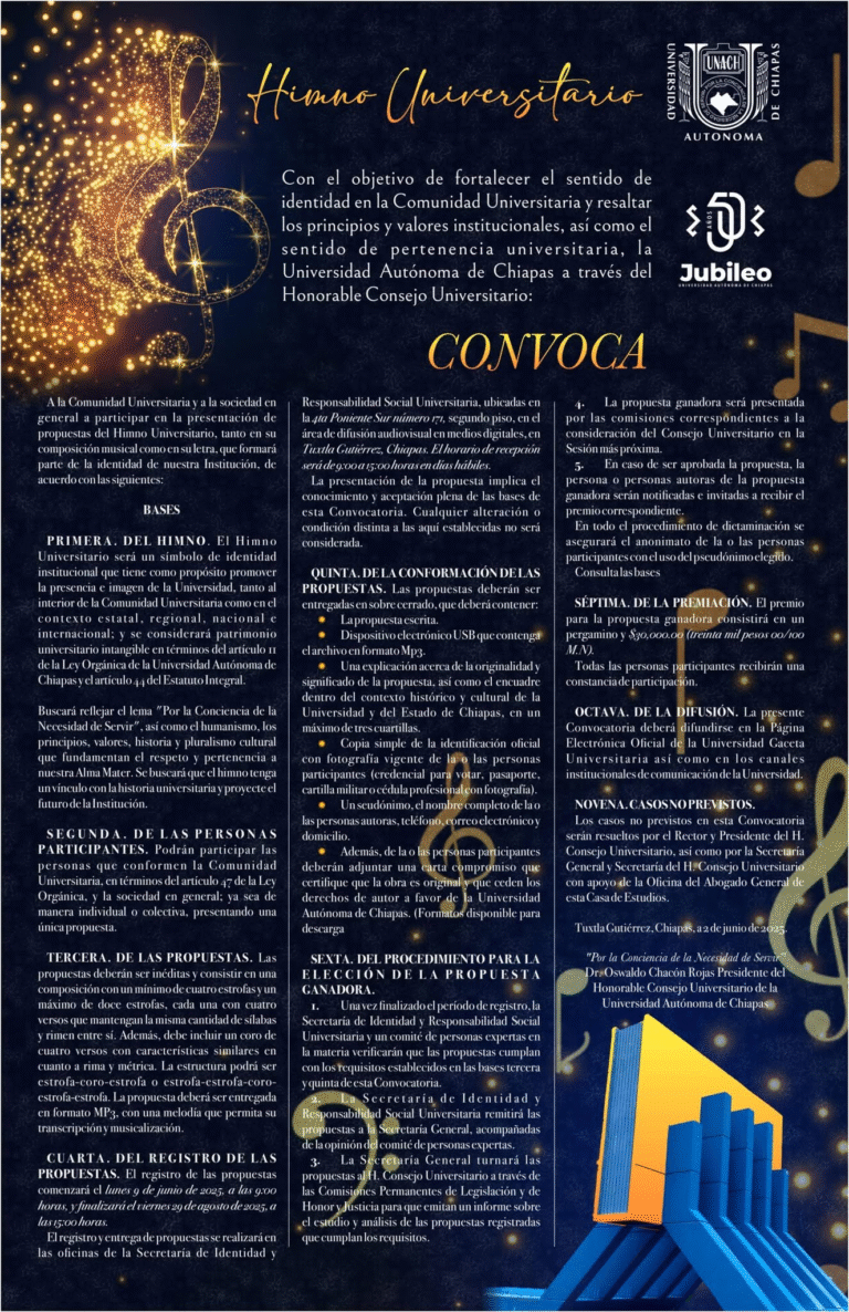 UNACH lanza convocatoria para la creación de su himno oficial