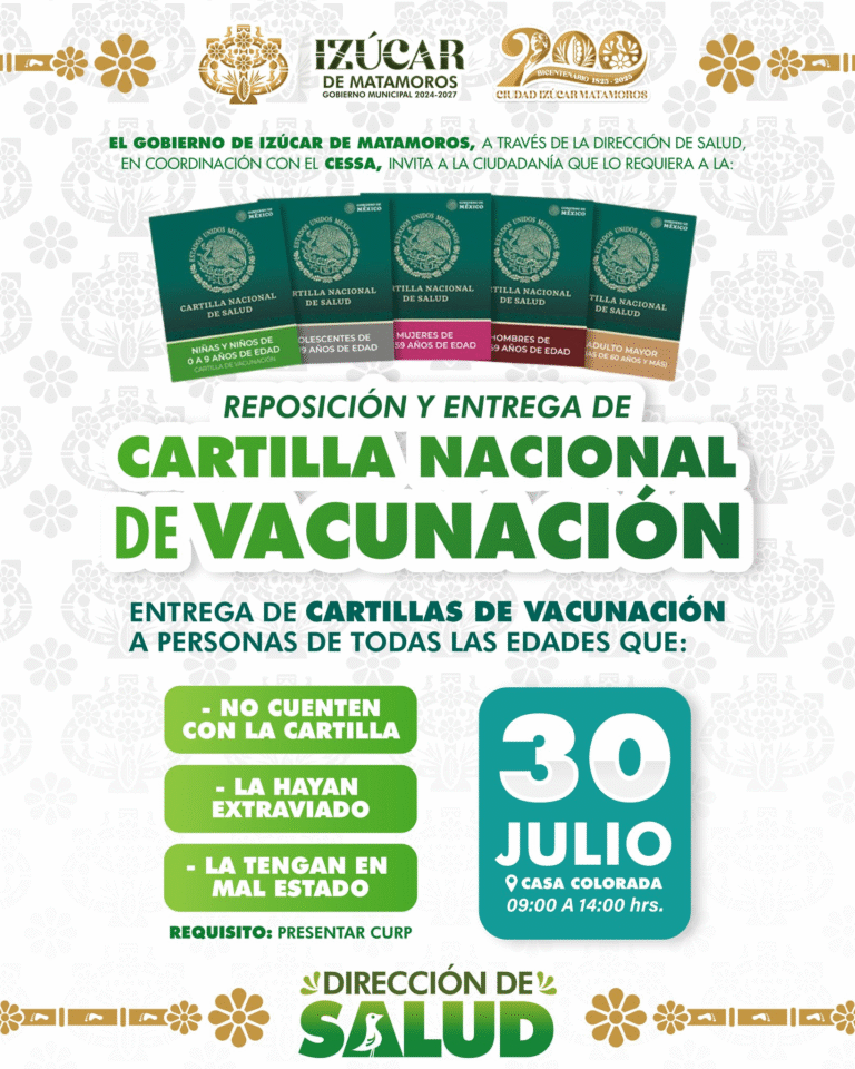 Invita Izúcar de Matamoros a jornada especial para reposición de Cartilla Nacional de Vacunación