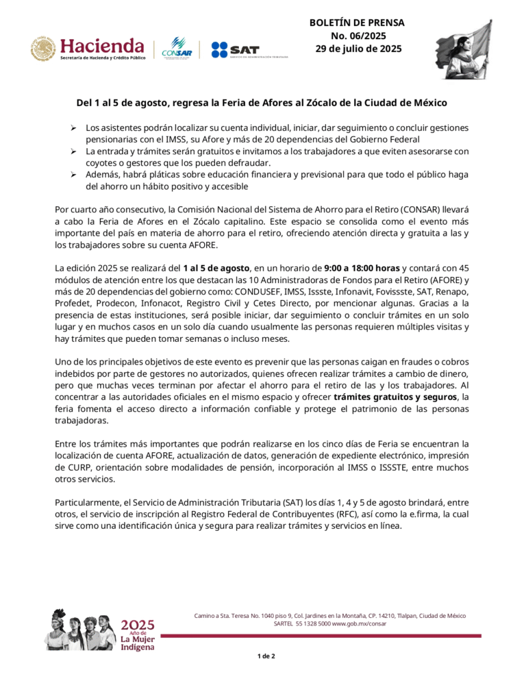SAT participará en la Feria de Afores 2025 para brindar orientación fiscal y servicios gratuitos