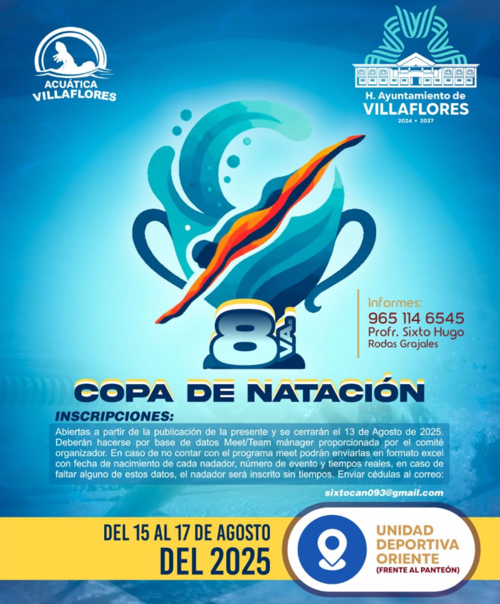 Villaflores se prepara para la 8ª Copa de Natación en la Unidad Deportiva Oriente
