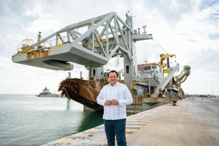 Gobernador Joaquín Díaz Mena supervisa el buque de dragado “Fernando Magallanes” en el Puerto de Progreso