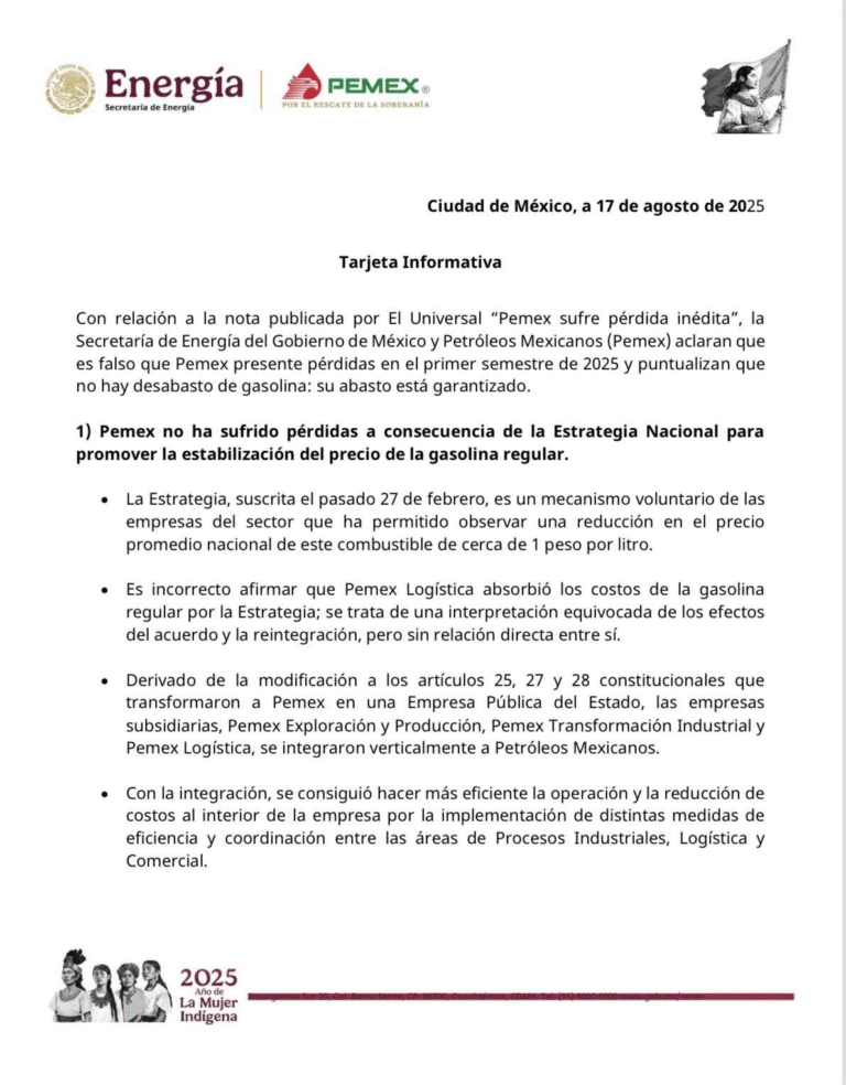 SENER desmiente supuestas pérdidas de Pemex y garantiza abasto de gasolina