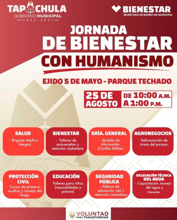 Tapachula invita a la Jornada de Bienestar con Humanismo en el ejido 5 de Mayo