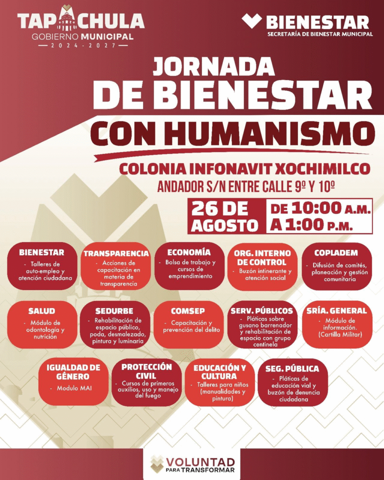 Ayuntamiento de Tapachula llevará Jornada de Bienestar a la colonia Infonavit Xochimilco