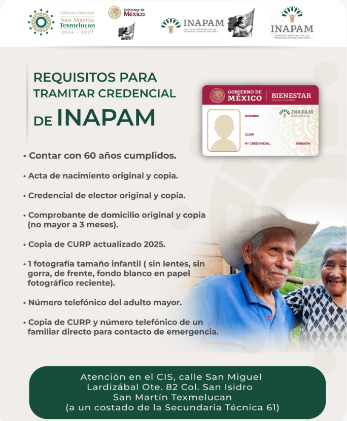 Gobierno de San Martín Texmelucan informa sobre trámite de credencial INAPAM