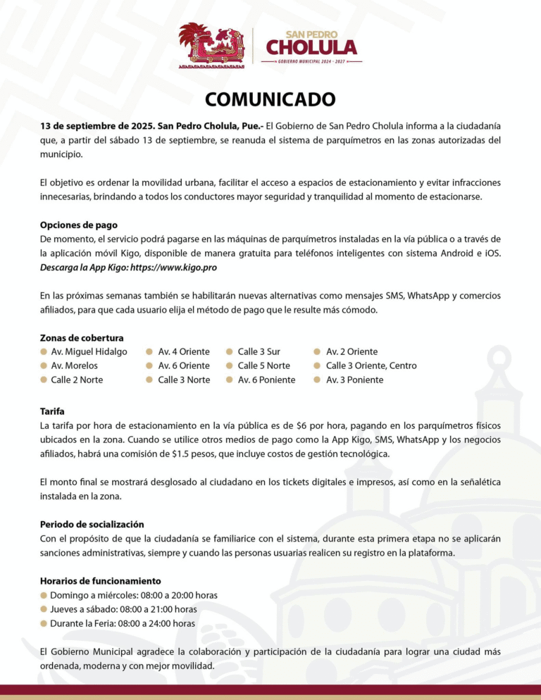 San Pedro Cholula reanuda sistema de parquímetros en zonas autorizadas