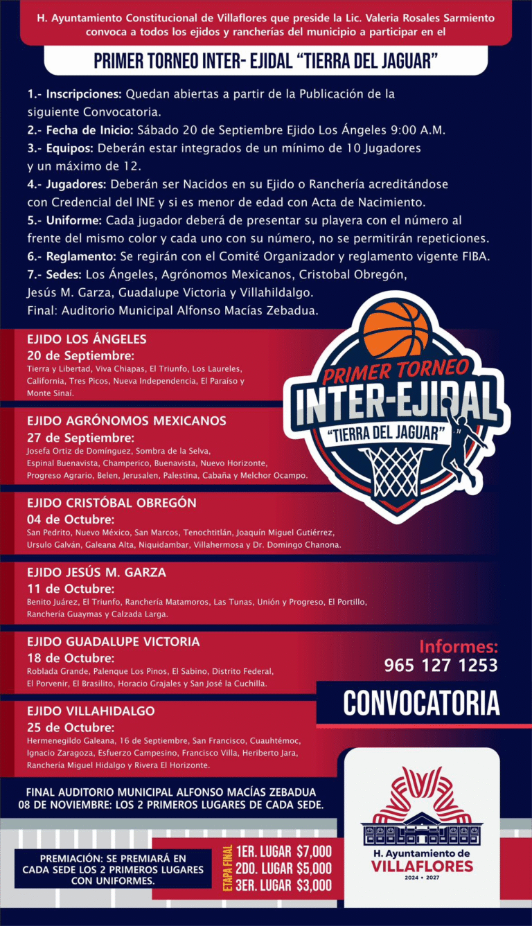 Villaflores convoca a torneo inter ejidal de básquetbol