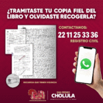 Gobierno de San Pedro Cholula invita a recoger copias fieles del Registro Civil