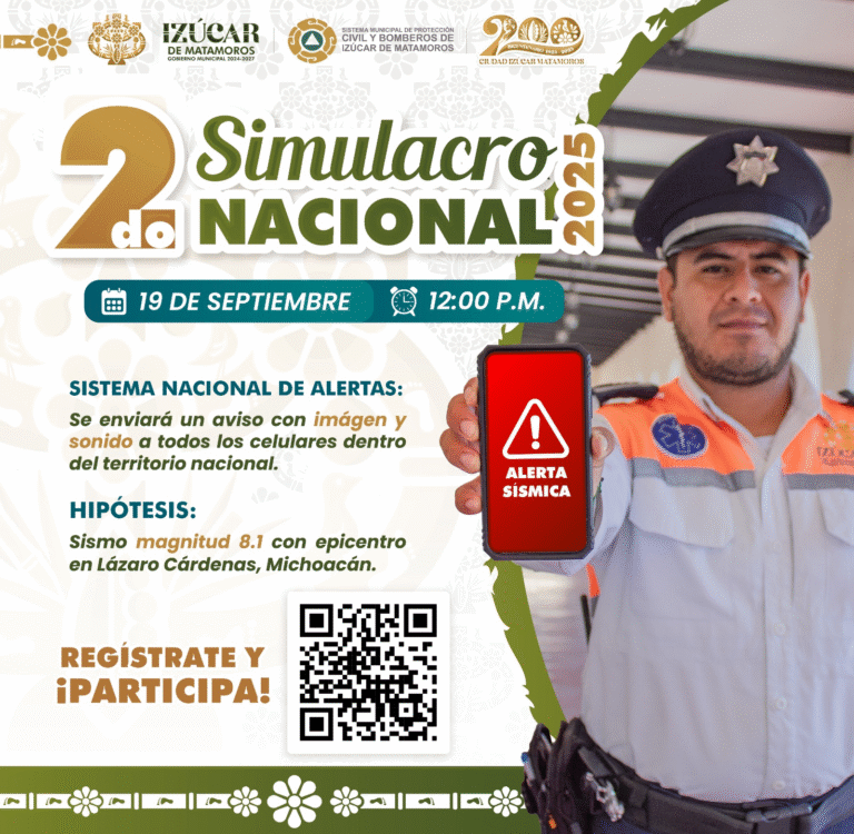 Izúcar de Matamoros participará en el Segundo Simulacro Nacional 2025 con alertamiento por telefonía celular