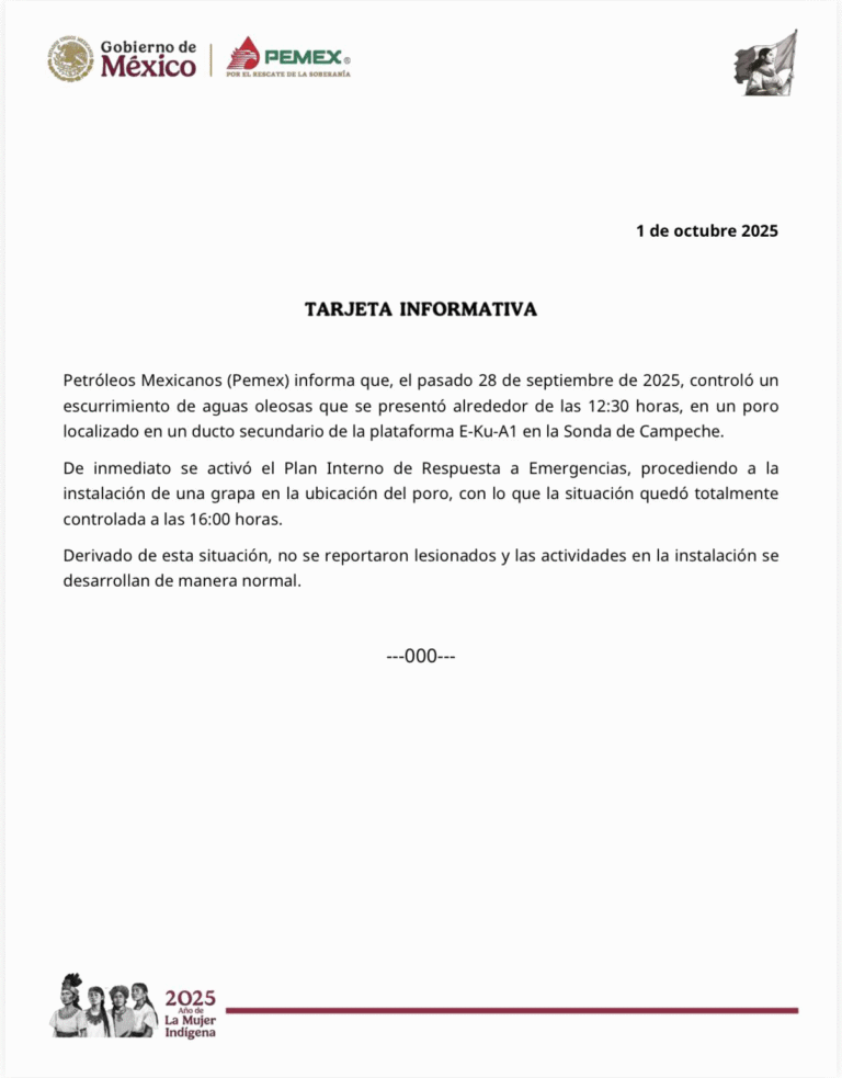 Pemex controla escurrimiento de aguas oleosas en la Sonda de Campeche