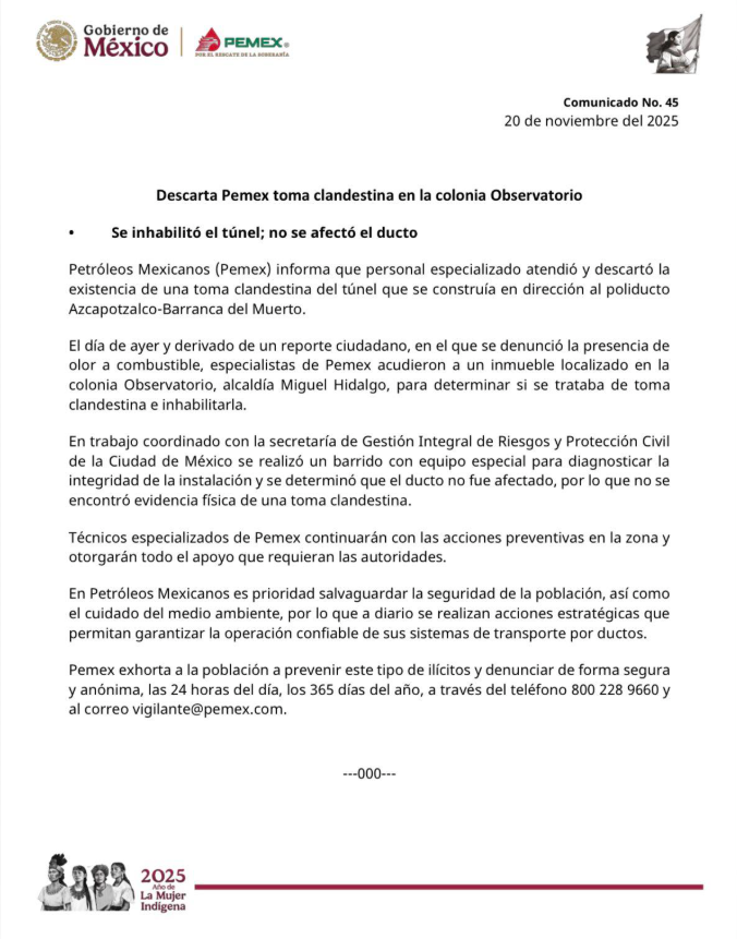 Descarta Pemex toma clandestina en túnel de la colonia Observatorio