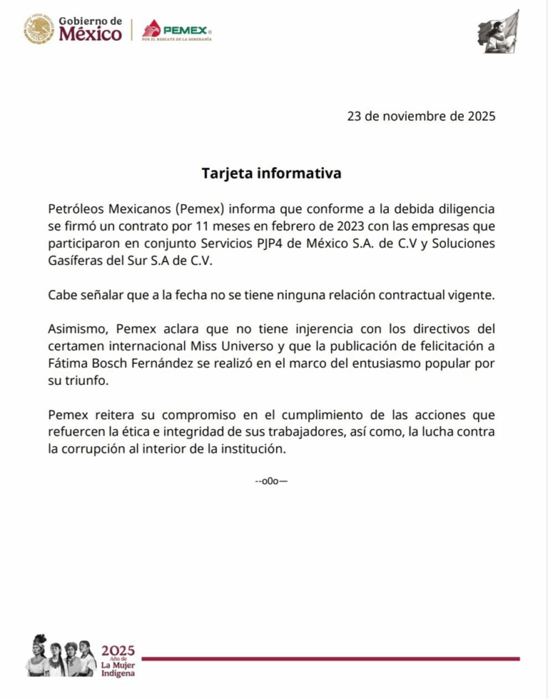 Pemex aclara relación contractual con proveedoras y deslinda vínculo con Miss Universo