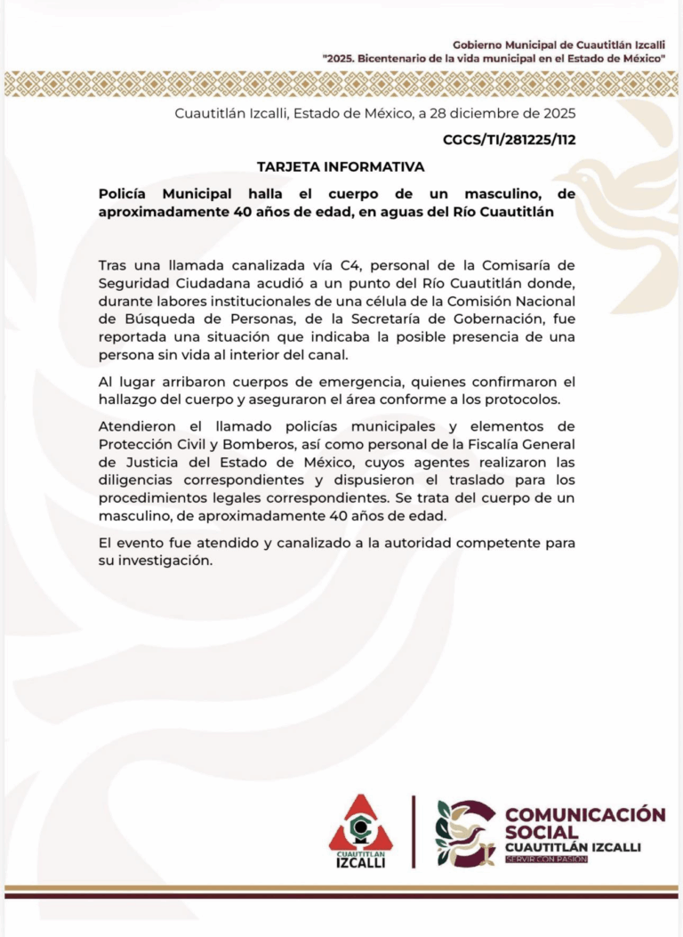 Hallan cuerpo sin vida en el Río Cuautitlán; autoridades investigan