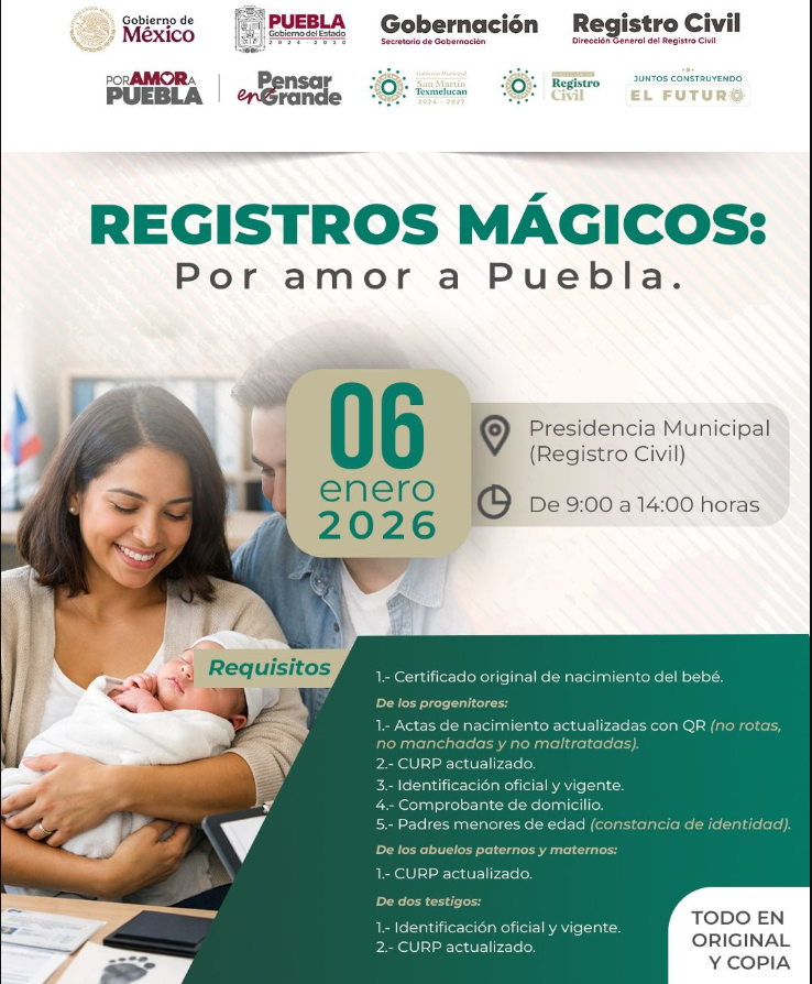 San Martín Texmelucan lanza jornada gratuita de registros civiles para niñas y niños
